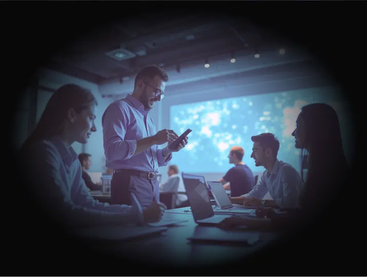 A group of professionals in a modern office setting. One of them stands, presenting something to the others.